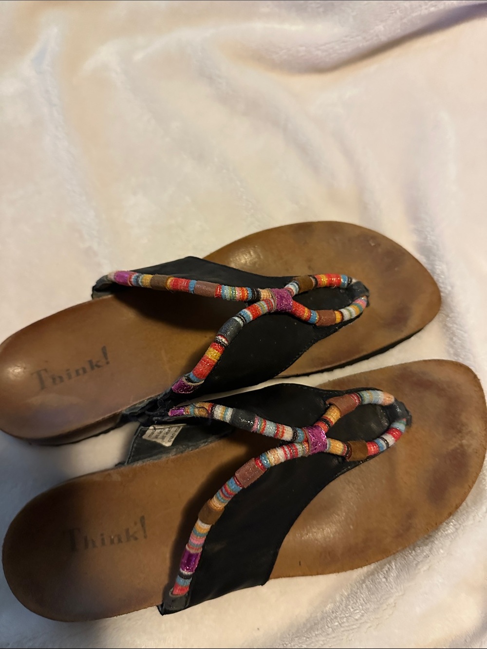Think! Black Leather Sandals with Colorful Wrapped Straps